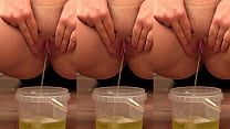 Hairy pussy loves a lot to piss and collect yellow urine in a jar. Fetish compilation with golden shower.